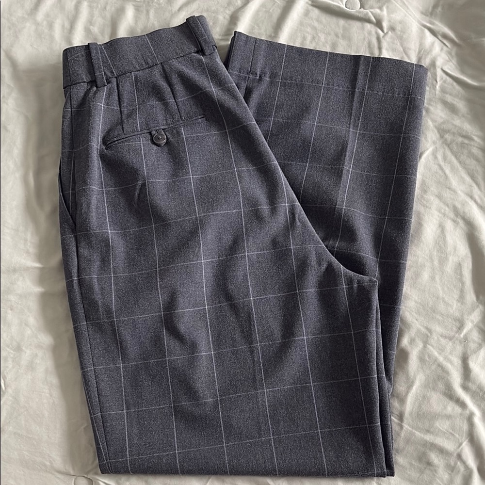Uniqlo Wide Leg Pleated Trousers - Gray/White Windowpane pattern